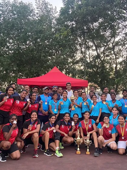 My event services extend to collegiate and adult leagues. This photo captures the St. Andrews College women's basketball team, proud runners-up at the Mumbai University Inter-College tournament, highlighting the competitive and well-organized events I produce.