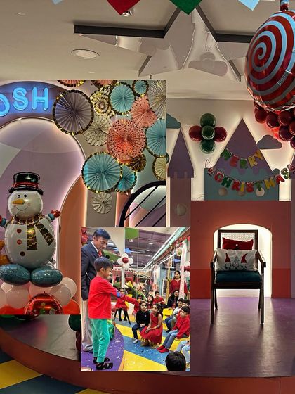 A look at our Christmas party stage, complete with a snowman and festive decor. We go all out to create a magical atmosphere for our holiday events.