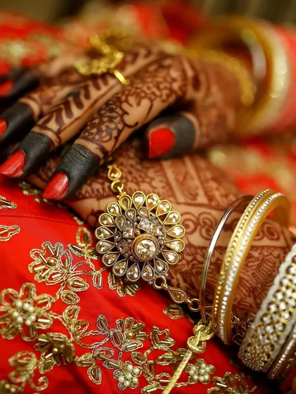 A detailed photograph of the bride's hands, focusing on the traditional jewelry and the dark, rich color of the alta on her fingertips.