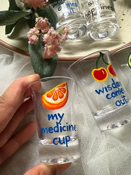 Another set of our new shot glasses, this time with fun phrases like "my medicine cup" and "wisdom comes out."