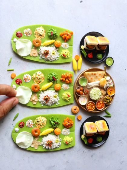 A beautiful arrangement of South Indian meals and vada pav, showing the diversity of my work.