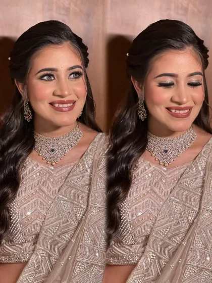 A dual-panel image showing the bride's happy expressions, her makeup looking flawless.