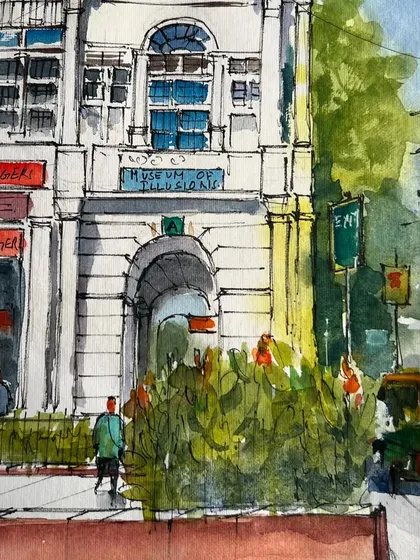 A close-up of my Connaught Place sketch, showing the details of the architecture and the lively street. The good weather just before winter was perfect for sketching.