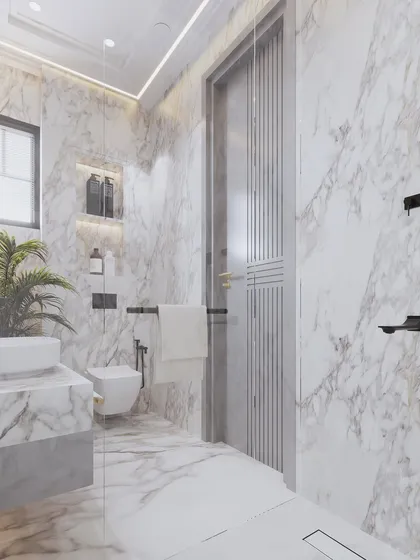 A luxurious bathroom featuring floor-to-ceiling marble and a bold, circular mirror against a backdrop of deep blue tiles. The render captures the elegant contrast and reflective surfaces.