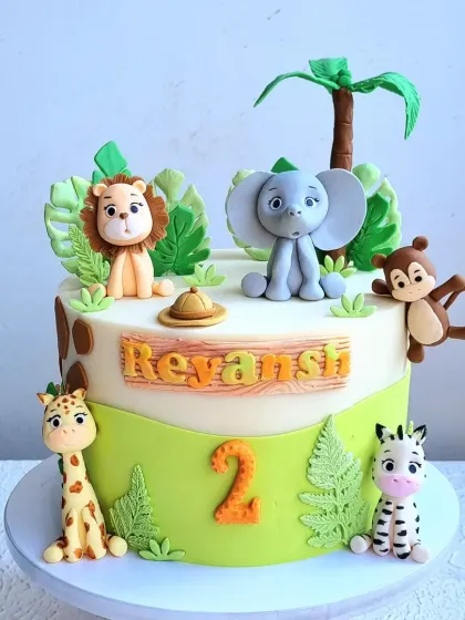 Another angle of the jungle animal cake, showing the placement of the palm tree and name plaque.