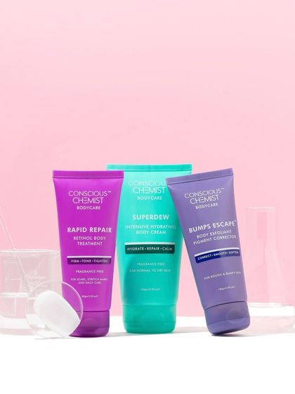 A scientifically inspired group shot. We styled these body care products with lab beakers to give them a credible, effective, and results-driven feel, all while maintaining a clean and colorful aesthetic.