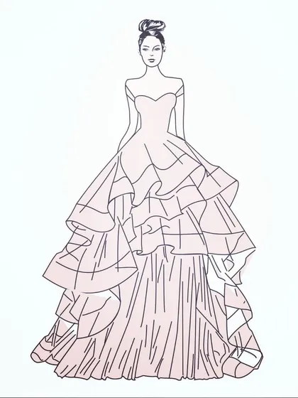 Every creation begins with a vision. This digital fashion illustration shows the initial concept for a tiered, off-shoulder evening gown, which is the first step in turning a client's dream dress into a wearable reality.