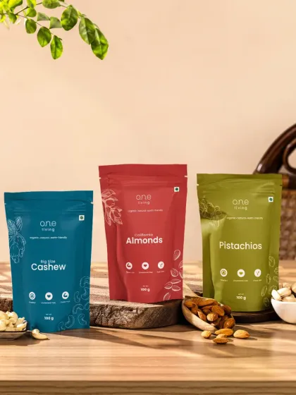 For One Living's range of dry fruits, we built a warm and inviting lifestyle setup. The composition uses natural textures like wood and foliage, combined with soft lighting, to create an authentic, healthy, and wholesome feel that resonates with the brand's organic identity.
