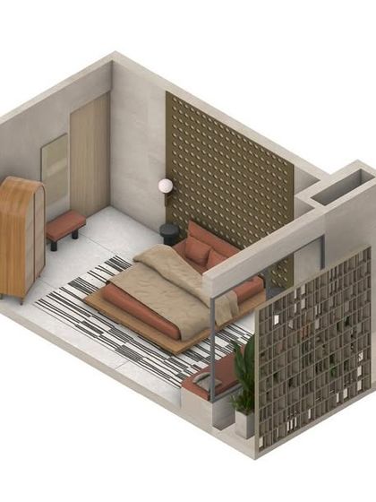 This axonometric drawing shows a bedroom concept for our Pavilion Villas. It serves as a clear visual guide, blending realistic design elements with graphical finishes to communicate the intended mood and layout of the interior space.