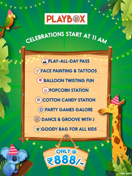 The full list of activities for our anniversary celebration, including a play-all-day pass, face painting, games, and a goody bag.