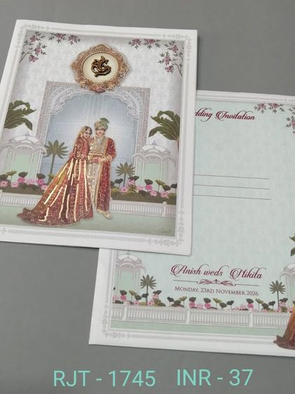 An affordable and charming invitation card with an illustration of a royal couple. The design includes a Ganesha emblem for blessings and a simple layout for your wedding details.
