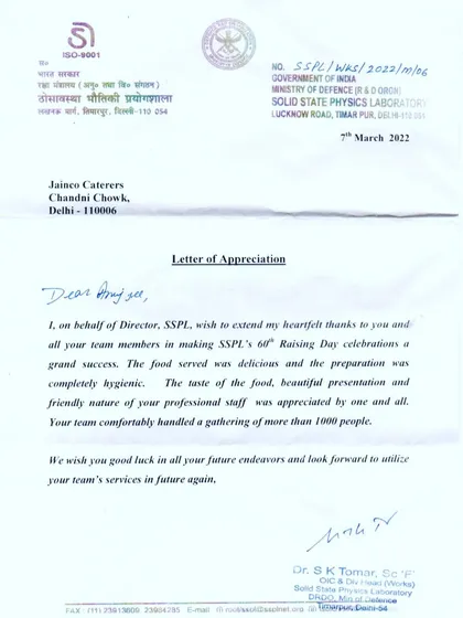 I am proud to share this Letter of Appreciation from the Government of India's DRDO. It commends my team for successfully catering their 60th Raising Day, handling over 1900 people with delicious, hygienic food and professional service.