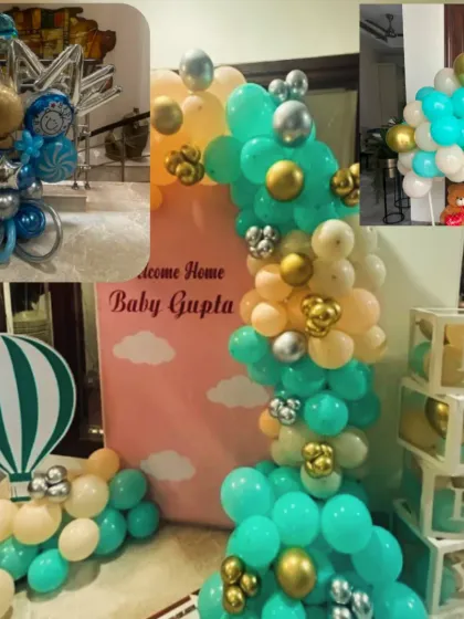 A collage showing different elements of a welcome baby boy decoration. It includes a balloon arch, a hot air balloon prop, and custom "Welcome Home Baby Gupta" signage.
