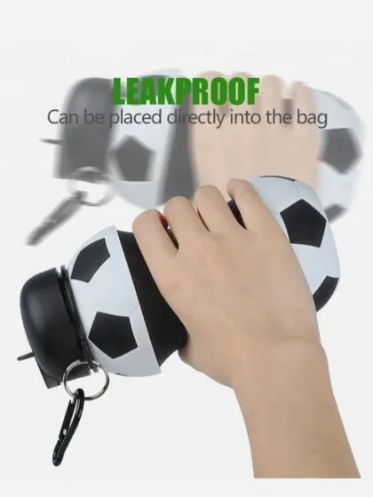 This collapsible football-themed water bottle is perfect for young athletes. It's made from durable, leakproof silicone and can be clipped right onto a school or sports bag.