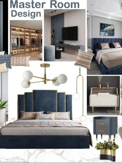 This master room design mood board combines deep blues with elegant neutrals, showcasing options for wardrobes, dressing tables, and lighting to create a cohesive and luxurious suite.