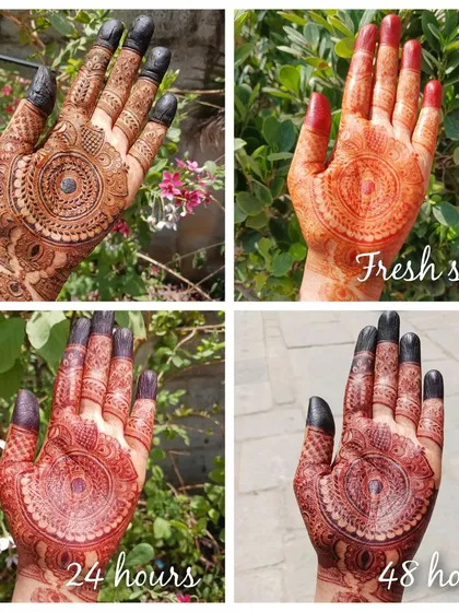 Trust the process. This collage shows how the stain from my organic henna develops over 48 hours, transforming from a bright orange to a deep, beautiful maroon. This is the result of pure, chemical-free henna and proper aftercare.