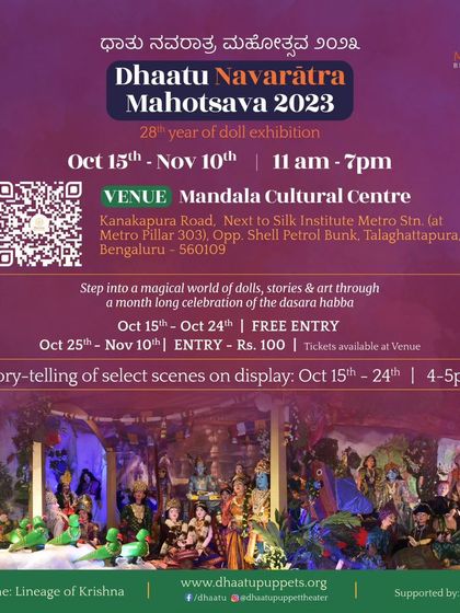 The poster for our Dhaatu Navaratra Mahotsava 2023, a month-long celebration of dolls, stories, and art. This is our 28th year hosting this beloved doll exhibition, or 'Bombe Habba'.