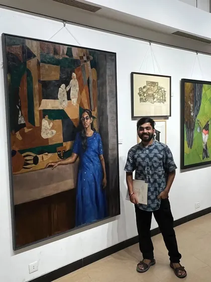 Me, standing proudly next to my painting at the Jehangir Art Gallery's Monsoon Show.