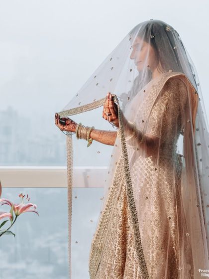 The bride stands by a window, holding her veil in the soft natural light. A serene and elegant portrait capturing a moment of quiet anticipation.