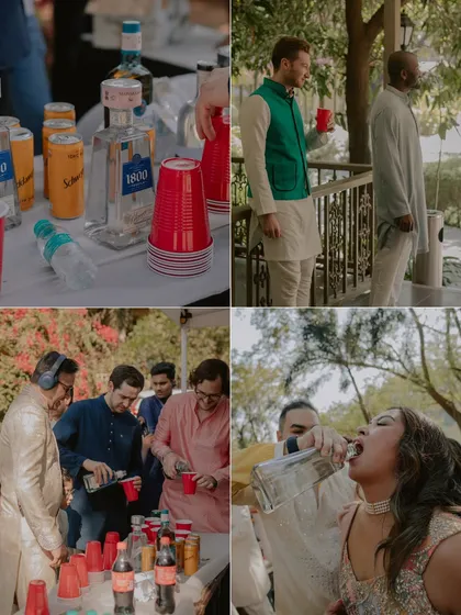 The party doesn't stop. This collage captures the fun and uninhibited moments from a wedding after-party, where guests let loose and celebrate.