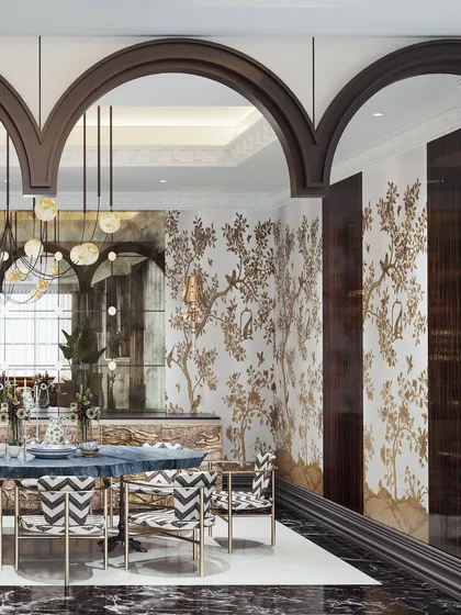 A dramatic dining room set under a series of dark arches. The render showcases the bold, patterned chairs and the unique blue stone table, creating a theatrical dining experience.