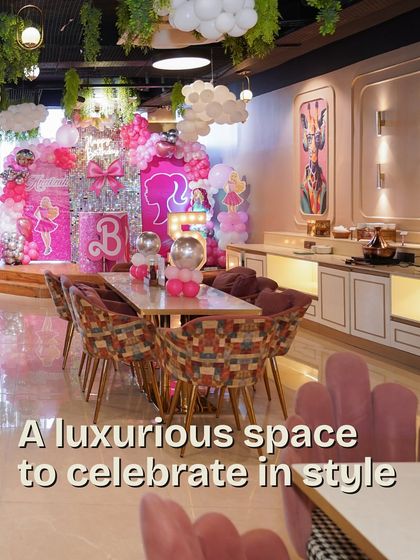 A luxurious Barbie-themed party setup, showcasing our stylish dining area transformed into a pink paradise. We create a sophisticated space to celebrate in style.