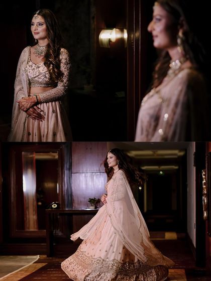 A collage showing the bride's reflection and a joyful twirl, capturing both contemplative and happy moments.
