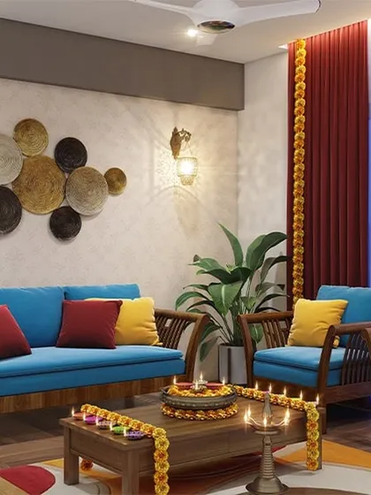 This living room features a traditional Indian aesthetic with a wooden swing (jhoola) and brightly colored upholstery. We used classic furniture and decor to create a vibrant and culturally rich space.