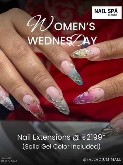 A "Women's Wednesday" deal on nail extensions. The image features a stunning set of long, clear extensions with embedded glitter, pearls, and colorful ombre effects.