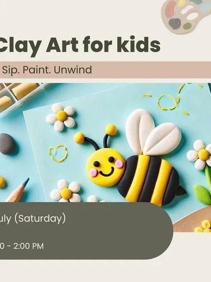 Our clay art workshops are perfect for kids who love to get their hands messy. This poster features a cute bumblebee, showing the kind of fun, tactile creations they can make.
