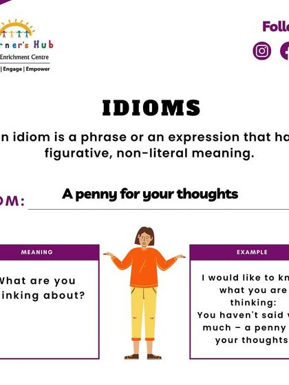 Here is a useful idiom: 'A penny for your thoughts'. This graphic explains that it's a simple way to ask someone what they are thinking about, making your conversational English more natural.