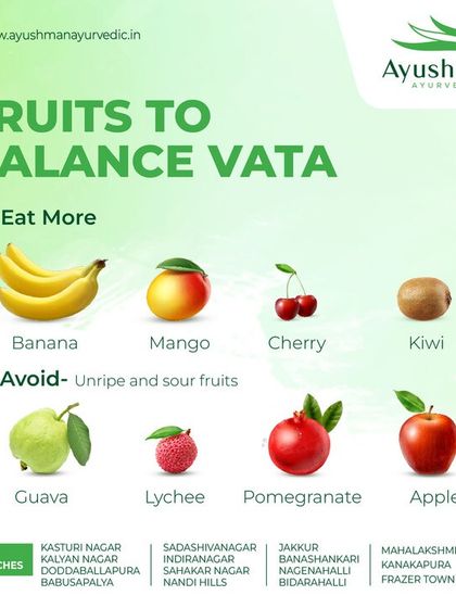 To help balance a Vata imbalance, this guide suggests which fruits to eat more of, such as bananas and mangoes. It also advises avoiding unripe and sour fruits like guava and lychee, which can aggravate Vata.