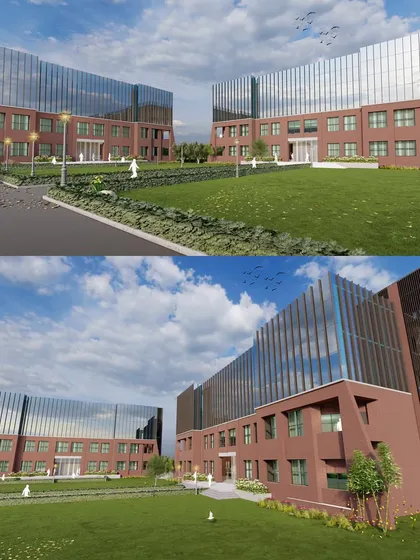 A collage presenting multiple viewpoints of the college campus design. It showcases the building's dynamic form, including the angled glass facade and the external circulation corridors.