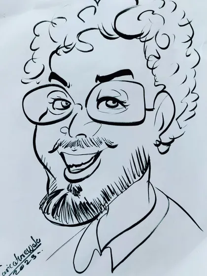 A rapid caricature drawing of a man with curly hair and a beard. I enjoy the challenge of drawing quickly.