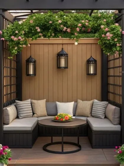 A charming and classic garden seating area built within a pergola structure. The U-shaped built-in bench provides ample seating, while the climbing roses and traditional lanterns add a touch of rustic elegance to the outdoor space.