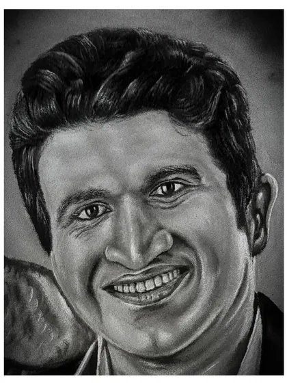 A close up of my charcoal portrait of Puneeth Rajkumar, focusing on his warm and recognizable smile. My goal with portraiture is to capture the personality and spirit of the individual.