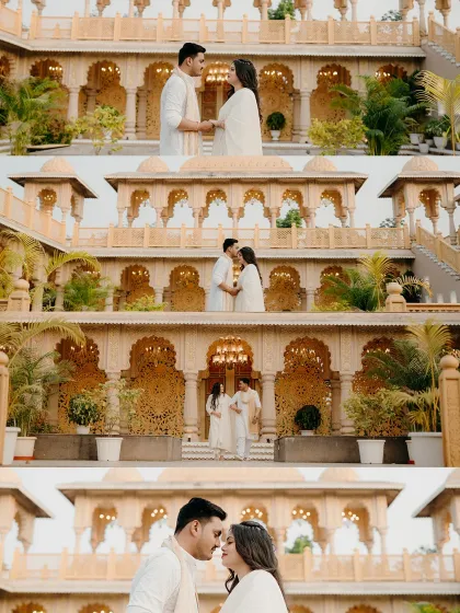 A collage showcasing the scale and beauty of a palace pre-wedding shoot. From wide architectural shots to close-up romantic moments, every frame tells a part of their regal love story.