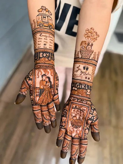 Another angle of the story-based baby shower mehendi, showing the fine details in the portraits and lettering.