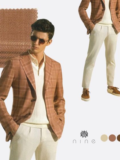 A well-tailored suit is an investment. This look, featuring a plaid brown blazer, shows how we can create custom outfits for a smart, semi-formal style.