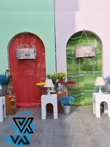 Another angle of the multi-colored Haldi photo booth, showcasing the playful mix of textures and colors that encourage guests to interact and take pictures.