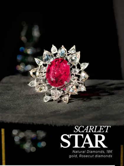 The Scarlet Star ring, a statement piece with a central ruby surrounded by natural rose-cut diamonds in 18k gold.