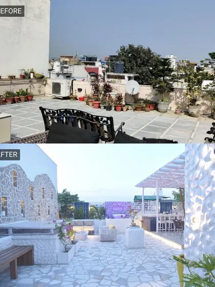 Another angle of the Santorini-inspired terrace, showing the unique textured walls and varied seating areas. The before-and-after contrast is stunning.