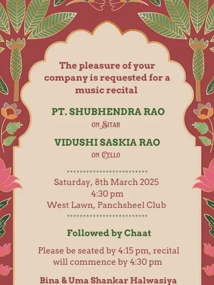 An elegant invitation for a private music recital at the Panchsheel Club. I am glad that classical music continues to get support from private patrons.