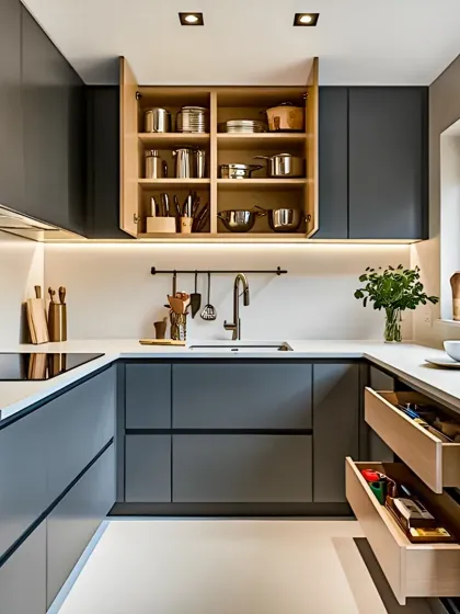 Functionality is at the core of this modern U-shaped kitchen. This view highlights the smart storage solutions, including deep drawers for pots and pans and well-organized upper cabinets, all within a sophisticated matte grey finish. This is a great example of a practical kitchen layout for daily use.