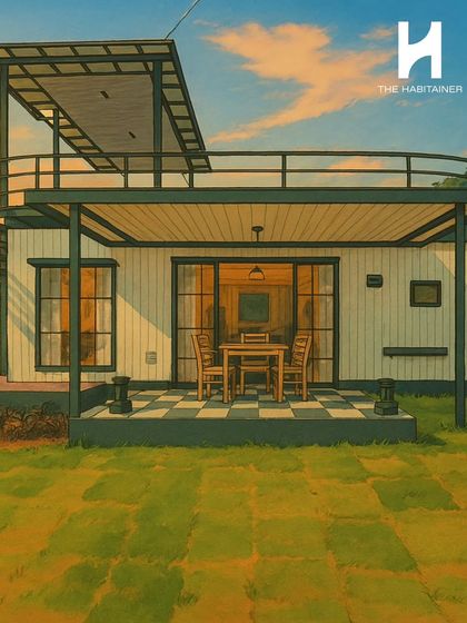 An artistic take on the French-themed villa in Denkanikotta. This illustration highlights the charming checkered patio and rooftop deck against a beautiful sunset sky.