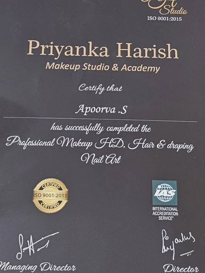 A close-up of my certification. I am proud to be professionally trained and ISO certified, which assures my clients of high standards in skill and hygiene.