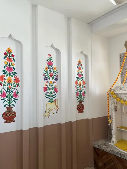 The complete pooja space, with my Kalamkari murals providing a colorful and spiritual backdrop to the mandir.