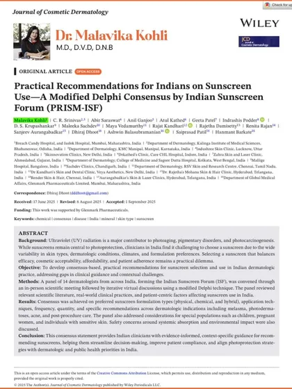 I am thrilled to share my published work in the prestigious Journal of Cosmetic Dermatology. This paper on sunscreen use for Indian skin is a result of a collaborative consensus among experts, providing evidence-based recommendations that are vital for public health and effective dermatological practice.