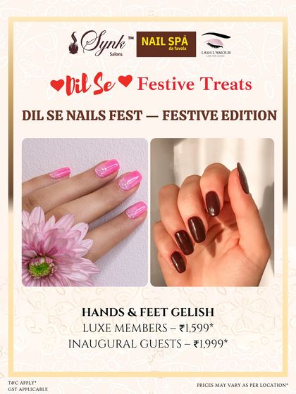 A festive offer for a hands and feet Gelish service. The images showcase two beautiful color options, a vibrant pink with glitter and a classic deep maroon.