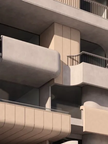 A facade concept for a residential building featuring curved concrete balconies. This study in brutalist forms explores how to create soft, sculptural elements with a typically rigid material.